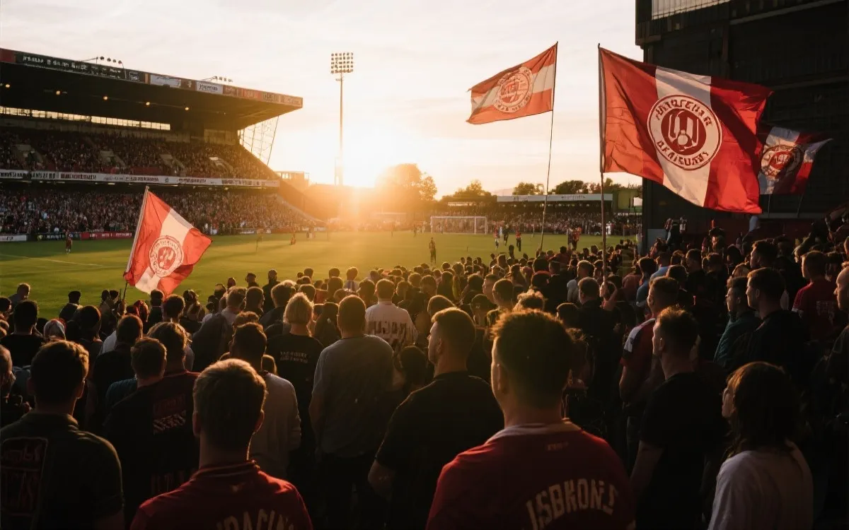 球场外的赛前人群与旗帜，夕阳光线，纪实摄影风格