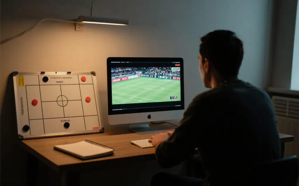 分析师在屏幕前研究比赛录像与战术板