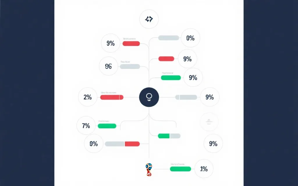 淘汰赛对阵树与概率标注的可视化，表现世界杯晋级推演